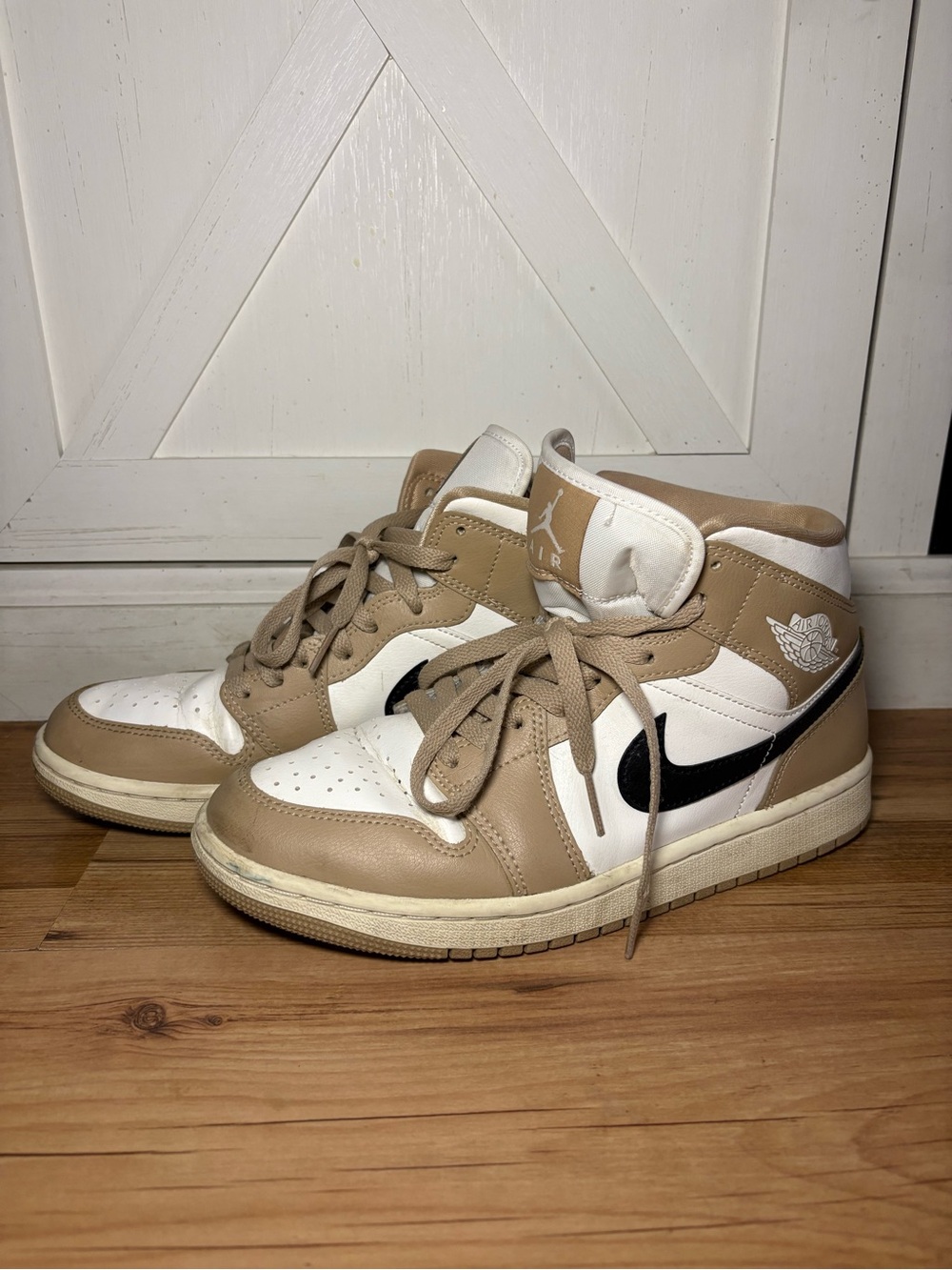 Jordan Mid Sneakers in White, Tan and Black